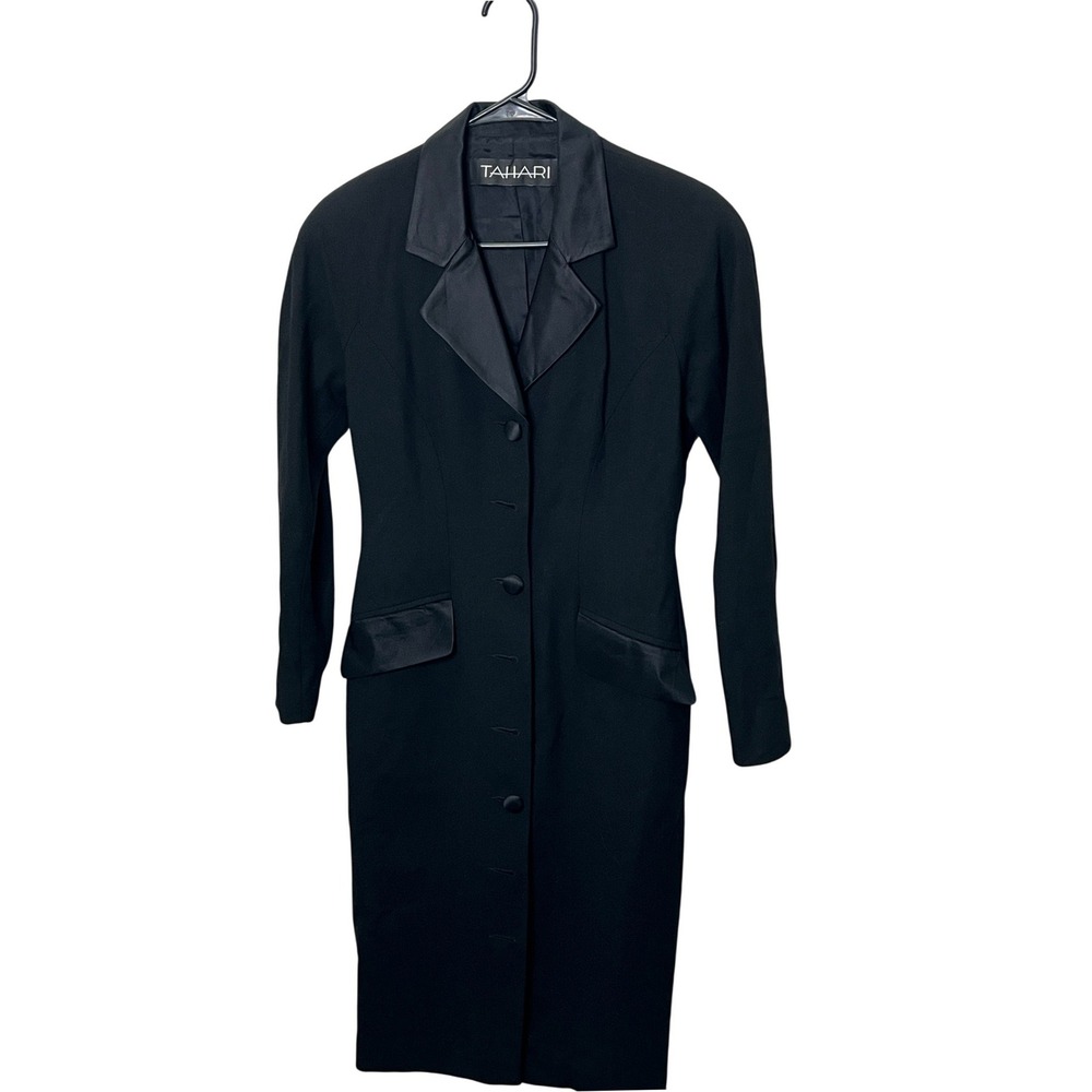 Tahari Vintage Black 100% Wool Silk Trim Blazer Coat Dress Womens 4 Made in USA